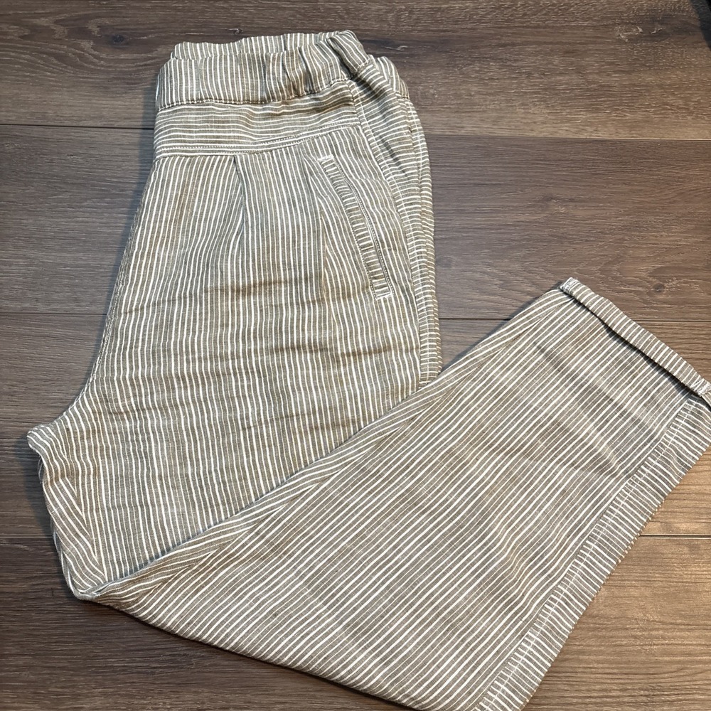 Anthropologie Linen Trousers Small Green Striped Coastal Pull-On Beach Pant